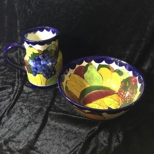 Talavera Ceramic Bowl And Pitcher Hand Painted Signed Mexico Q